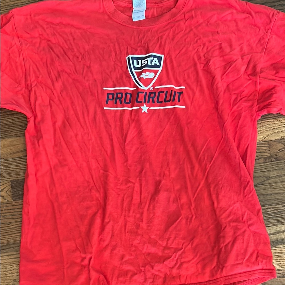 Vibrant Red Short Sleeve Tee with Shield Design